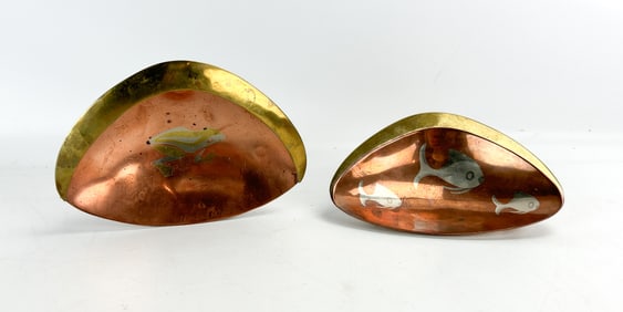Two Los Castillo Taxco Handwrought Mexican Mixed Metal MCM Scallop Dishes w/Fish
