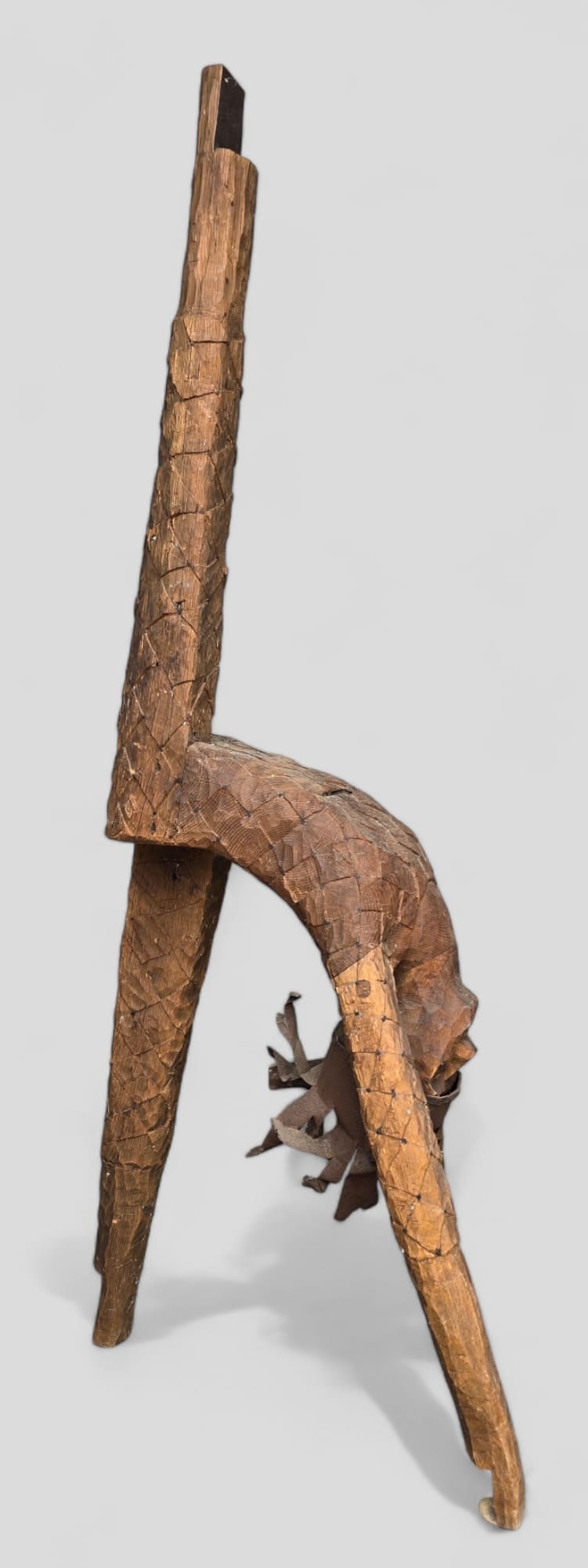 71" Life-Size Brutalist Folk Art Sculpture-Contortionist Dancer Carved Wood Statue w/Removable Crown: Ca. second half 20thC. Highly unusual sculpted contortionist, solid wood, with age-appropriate wear, minor losses as shown. Apparently not signed. Please enlarge pictures for best condition report. We