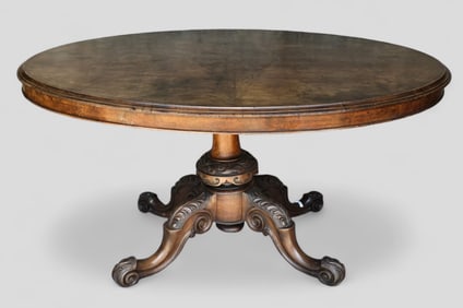 Antique Mid 19thC Hand Carved Burl Walnut Tilt-Top Oval Center Table