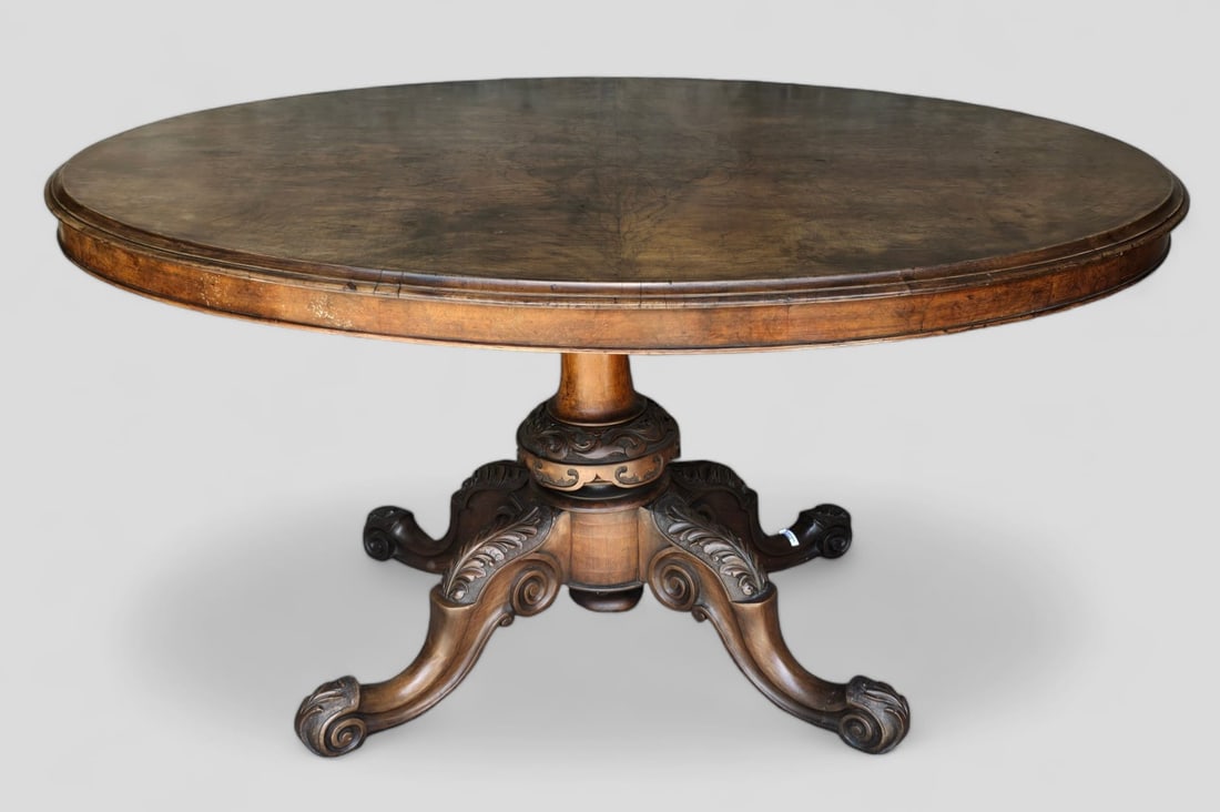Antique Mid 19thC Hand Carved Burl Walnut Tilt-Top Oval Center Table (1 of 7)