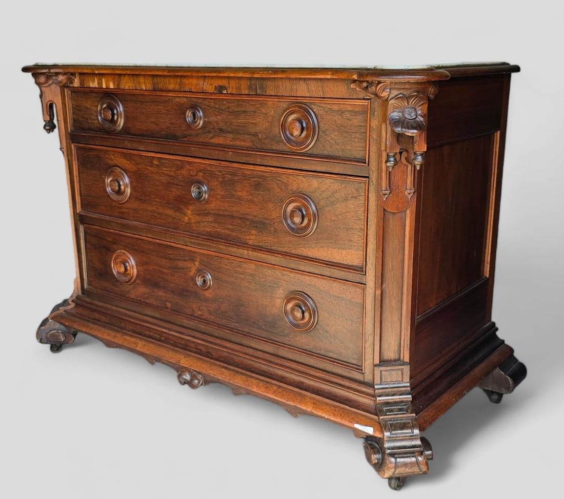 Antique Italian Baroque Inset Marble Top Carved Walnut Commode Chest of Drawers (1 of 8)