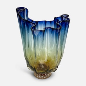 Huge Studio Art Glass Hand Formed Blue to Olive Green Controlled Bubble Handkerchief Bowl