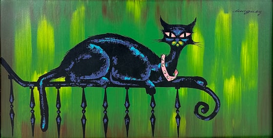 Original Duaguez Mixed Media MCM "Cool Cat" Framed Print w/Painted Accents