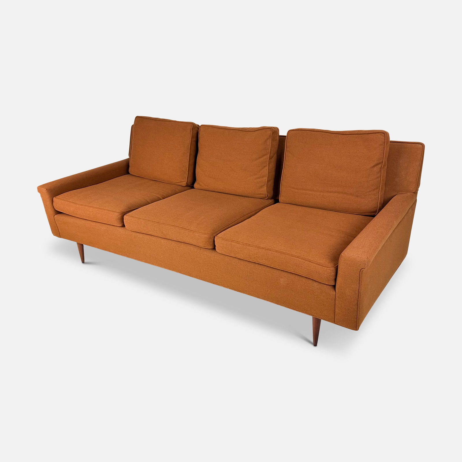 1964 Milo Baughman for Thayer Coggins Three-Seat Sofa w/Original Burnt Orange/Umber Fabric: Milo Baughman for Thayer Coggins, tag shown. Very good age appropriate condition as shown. Approx. seat H: 17 1/2". Please enlarge pictures for best condition report. We do not provide in-house shippi