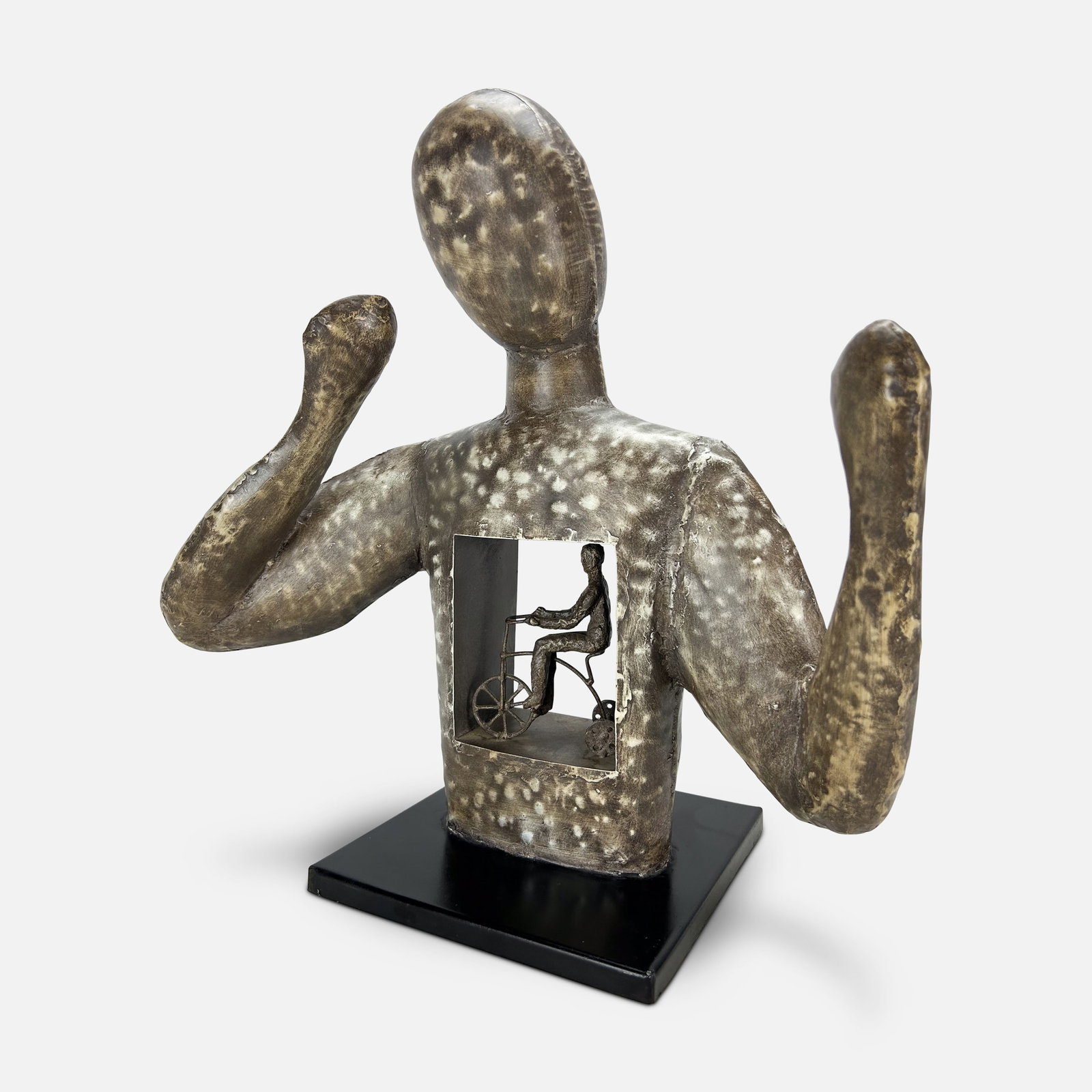 Unusual Brutalist Metal Art Sculpture Person with Hollow Stomach Full of Bicycle: Unusual brutalist metal sculpture, apparently unsigned. Please enlarge pictures for best condition report. We do not provide in-house shipping! Please reach out to Donald Camden at UPS Store 4608 or r