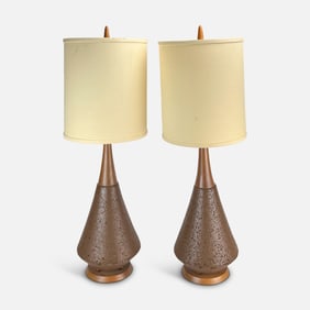 Pair MCM Teak Wood and Painted Cork Table Lamps With Milk Glass Illuminators and Canvas Shades