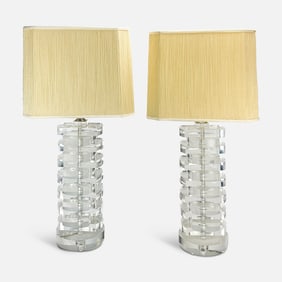 Pair MCM "Stacked" Clear Lucite and Chrome Table Lamps With Very Fine String Shades