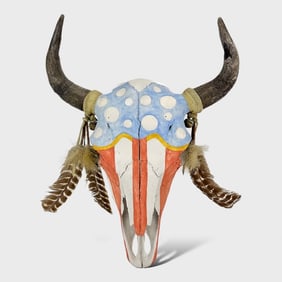 Hand Painted Bull Skull American Flag w/Turkey Feathers and Animal Fur