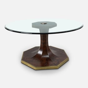 Modern History Large 60" Contemporary Brass, Burlwood & Round Glass Top Dining Table