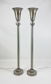 Pair Tall 62" Machine Age Spun Aluminum and Acrylic Tulip Torchiere Floor Lamps