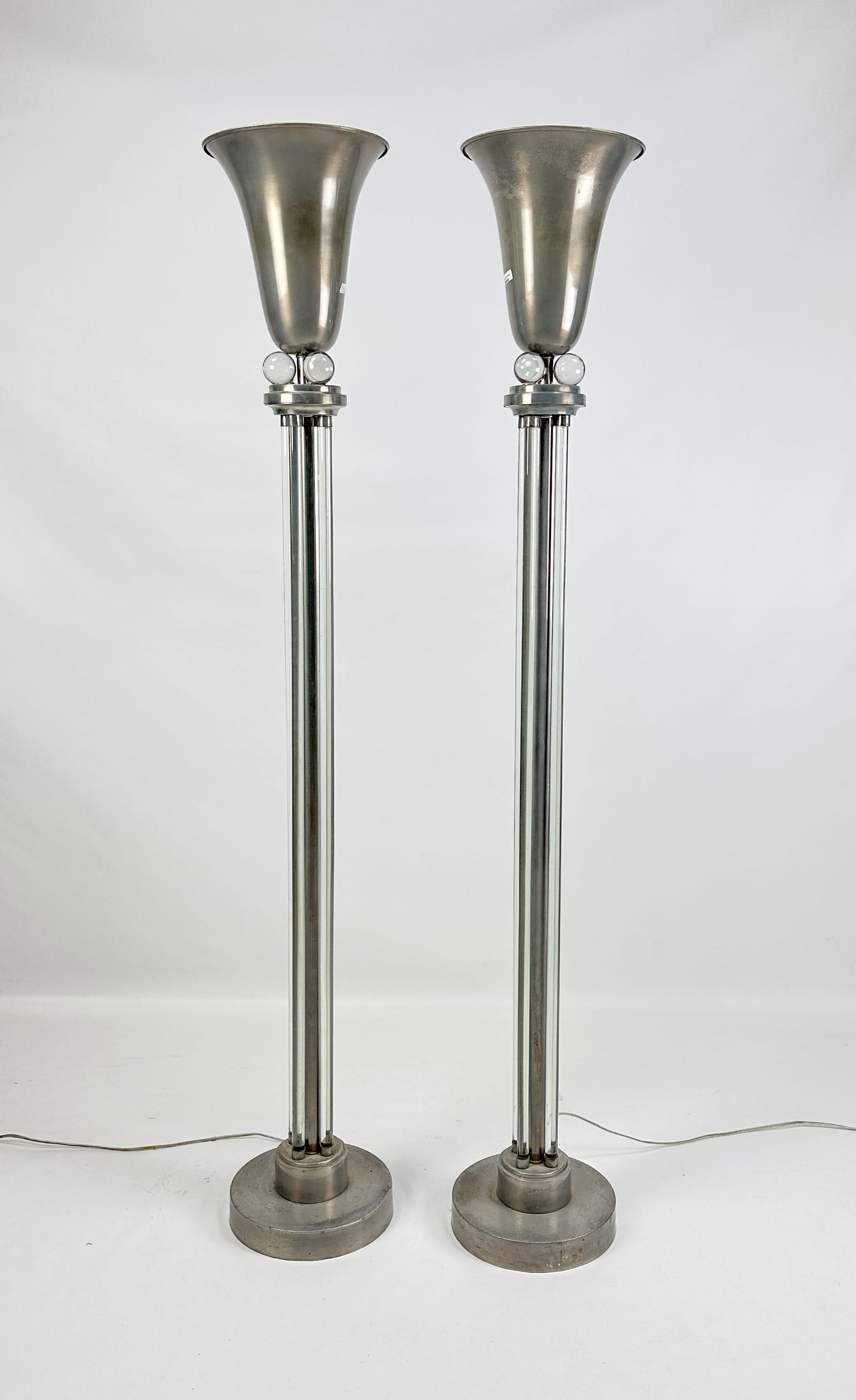 Pair Tall 62" Machine Age Spun Aluminum and Acrylic Tulip Torchiere Floor Lamps (1 of 12)