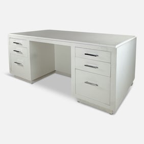 White Office Knee-Hole Pedestal Desk w/Drawers and Drop-Leaf Backside Extension