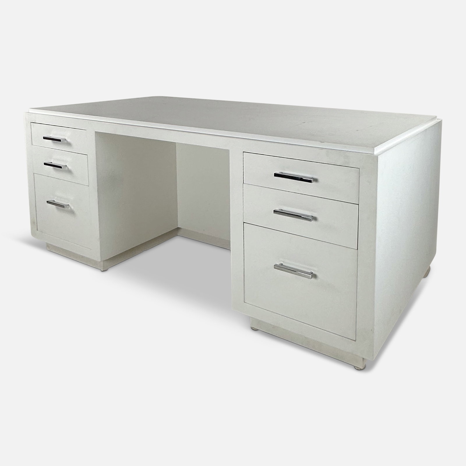 White Office Knee-Hole Pedestal Desk w/Drawers and Drop-Leaf Backside Extension: Ca. late 20th to early 21stC. This type of office desk is very expensive to buy new. Please enlarge pictures for best condition report. We do not provide in-house shipping! Please reach out to Donald 