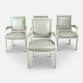 Four French Louis XVI Style Slate Grey Leather Armchairs