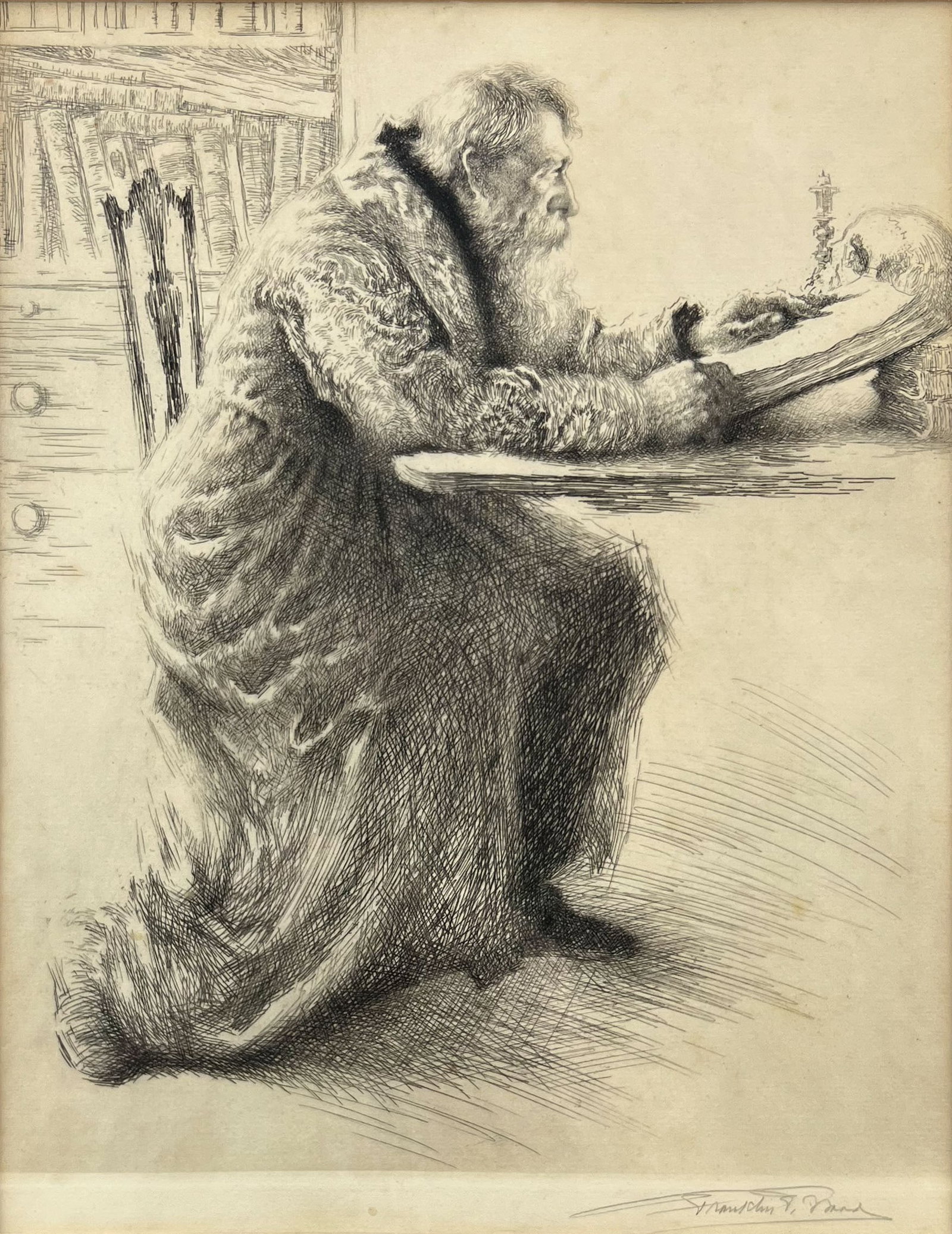 Franklin T. Wood "Faust" Drypoint Etching Framed Print: Drypoint etching of Faust by American artist Franklin T. Wood (1887-1945). Signed below image. Approx. sight size 11" x 8 1/2". Framed, matted, and sealed. Unexamined out of frame. Frame is slightly l
