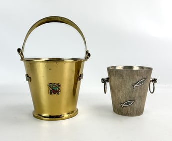 Two Los Castillo Taxco Mexican Mixed Metal Brass Buckets w/Bail Handle & Inlaid Stone