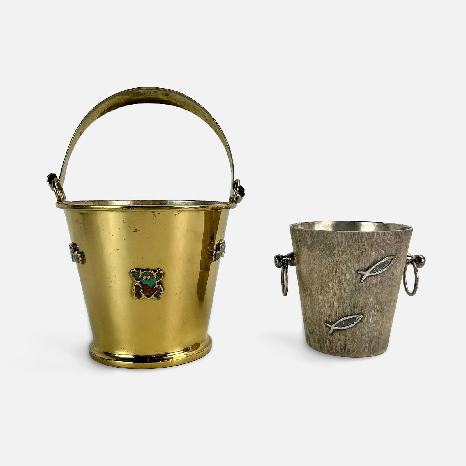 Two Los Castillo Taxco Mexican Mixed Metal Brass Buckets w/Bail Handle & Inlaid Stone (1 of 8)