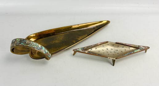Metales and Los Castillo Taxco Mexican Mixed Metal Trinket Trays Mother Of Pearl Accents