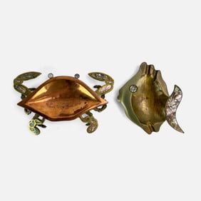 Metales Casados Mexican Mixed Metal With Abalone Figural Crab and Fish Trays