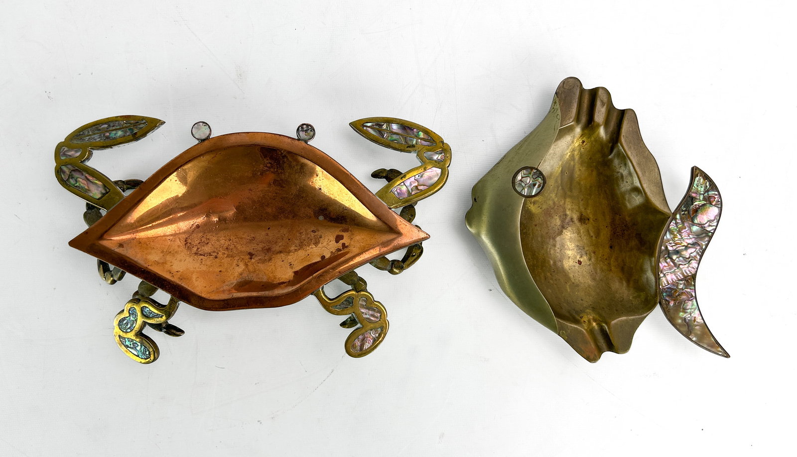 Metales Casados Mexican Mixed Metal With Abalone Figural Crab and Fish Trays: Crab measures 2" x 9 1/2" x 6". Fish measures 1 1/2" x 6 1/2" x 7 1/2". We do not provide in-house shipping! Please reach out to Donald Camden at UPS Store 4608 or refer to our list of preferred shipp