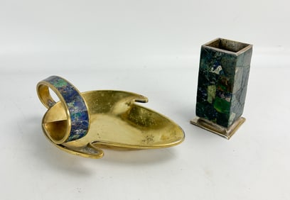 Los Castillo Taxco Handwrought Mexican Brass and Lapis Trinket Tray and Cup