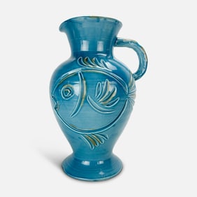 Italian Vietri Large Blue Pottery Pitcher Vase w/Incised Fish Design