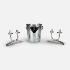 Heavy Stainless Steel Wine Bucket with One Pair Modernist Candelabras in the manor of Christofle