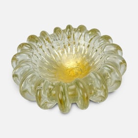 Murano Iridescent Art Glass Italy Large Ribbed MCM Ashtray Bowl w/Gold Dust