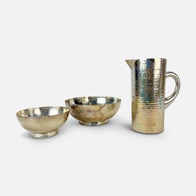 Two Hand-Hammered Stainless Steel Bowls with one Tall Drinks Pitcher Arts and Crafts