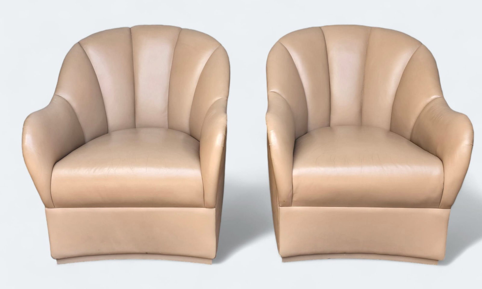 Pair Art Deco Leather Channel Back Lounge Chairs by Marco San Francisco: From the estate of Charles E. Smith. Please enlarge pictures for best condition report. We do not provide in-house shipping! Please reach out to Donald Camden at UPS Store 4608 or refer to our list of