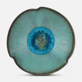 Blue Studio Art Pottery Bowl w/Crackle Glass and Pinched Rim