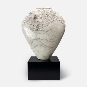 Large Jeff Margolin Abstract Form Intricately Carved Large Ceramic Vase With Horse Hair Accents