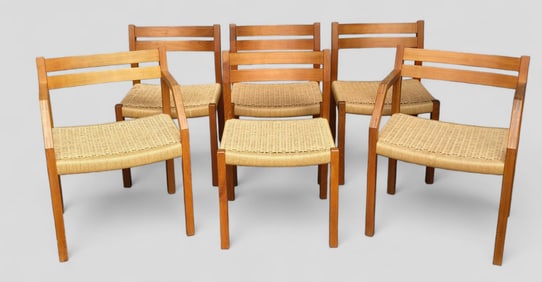 Six Moller Mode Danish Modern Teak Rope Chairs: Two Arm & Four Side