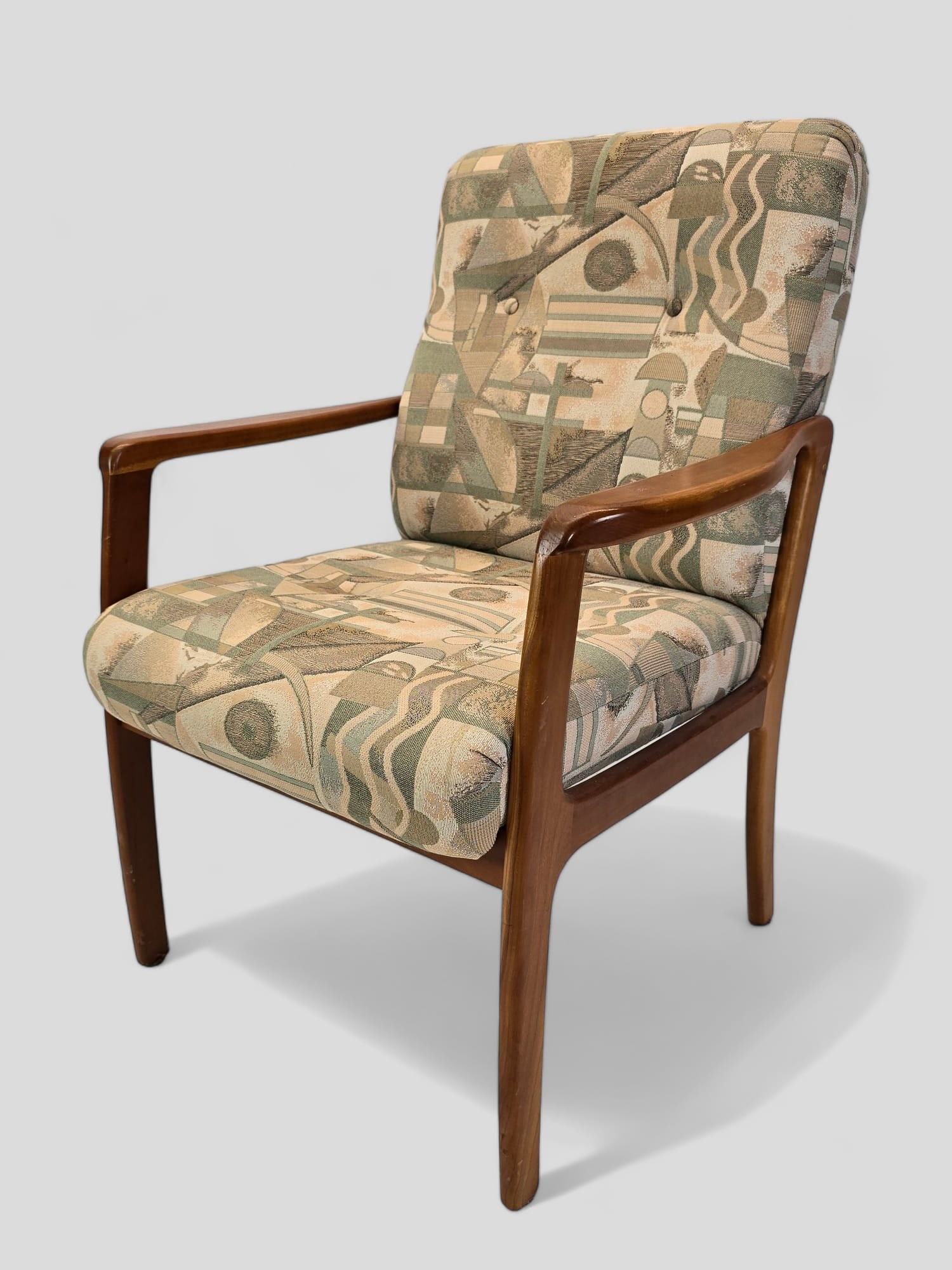 Danish Modern Teak Upholstered Lounge Chair w/Modern Art Deco Fabric: Please enlarge pictures for best condition report. We do not provide in-house shipping! Please reach out to Donald Camden at UPS Store 4608 or refer to our list of preferred shippers for a quote. Dona