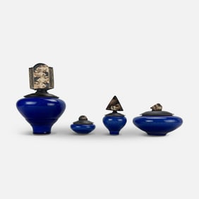 Andrew MacCorkindale Signed 1990s Deep Blue Crackle Glazed Raku Pottery w/Lids