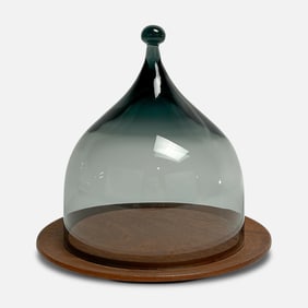 Vintage MCM Benny Motzfeldt for Hadeland Denmark Glass Cheese Dome on Teak Wood Serving Plate