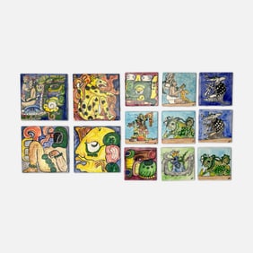 Ancona-Ha, Patricia. Thirteen Painted Ceramic Tiles w/Aztec Mayan God Folk Art Mexico Quetzalcoatl