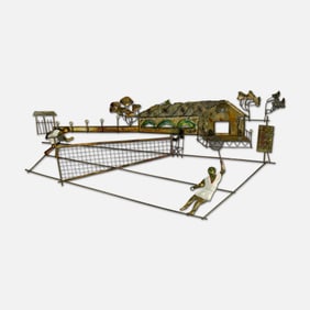 Price Import Curtis Jere School Welded Cut Metal House w/Tennis Court MCM Wall Sculpture