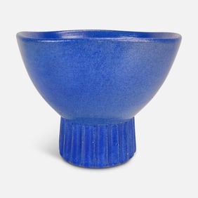 Undine Sigtuna Swedish MCM Art Pottery Blue Glaze Pedestal Bowl Vase