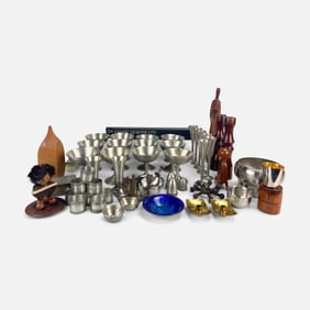 Huge Norwegian and Danish MCM Pewter and Wood Table Wares Lot