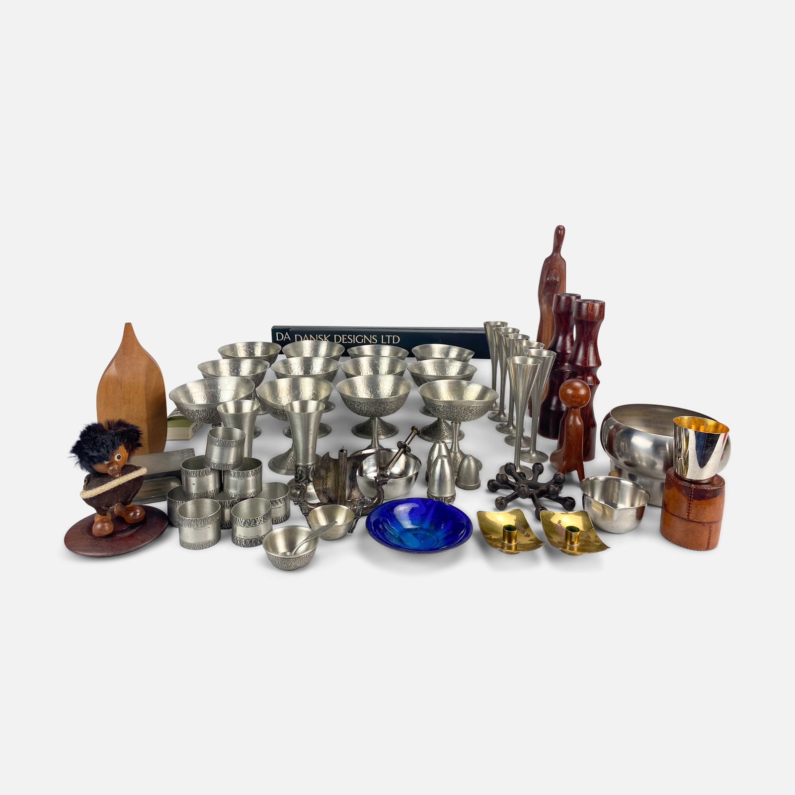 Huge Norwegian and Danish MCM Pewter and Wood Table Wares Lot: Includes Jens Quistgaard for Dansk Designs Iron Spider Candle Stick With Candles, 12 Troll Tinn AB Pewter Cups, 6 Rolf Buodd Norsk Handarbeide Pewter Napkin Rings, Signed Russ Keil Wood MCM Candle Hol