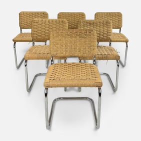Six Woven Wicker Cesca Style MCM Tubular Chrome Dining Chairs
