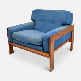 Blue MCM Teak Wood Upholstered Lounge Chair