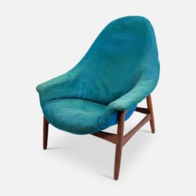 Rare Hans Olsen for Bramin MCM Teak Wood Blue Lounge Chair