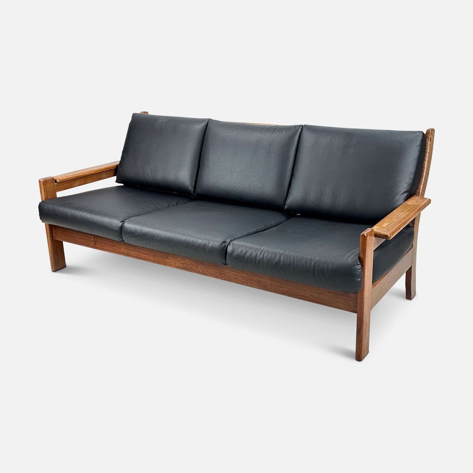 Great MCM Faux Leather & Wood Couch: Approx. seat H: 15 1/2". We do not provide in-house shipping! Please reach out to Donald Camden at UPS Store 4608 or refer to our list of preferred shippers for a quote. Donald Camden UPS #4608 - stor