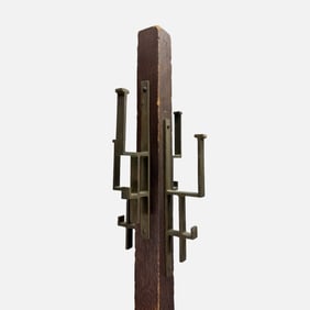 Antique Mission Oak and Brass Arts & Crafts Standing Coat Rack
