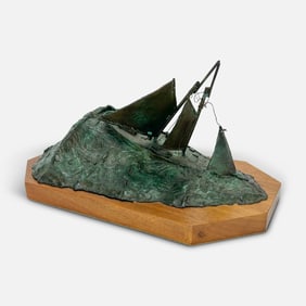 Winslow Fupper "Double Reefer" 1988 Bronze & Wood Base Sailing Ship Sculpture