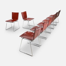 Eight Toyoda Hiroyuki ICF Italy Chrome & Stitched Leather Stacking Chairs