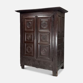 Antique 17thC French Black Oak Two-Door Armoire Cupboard