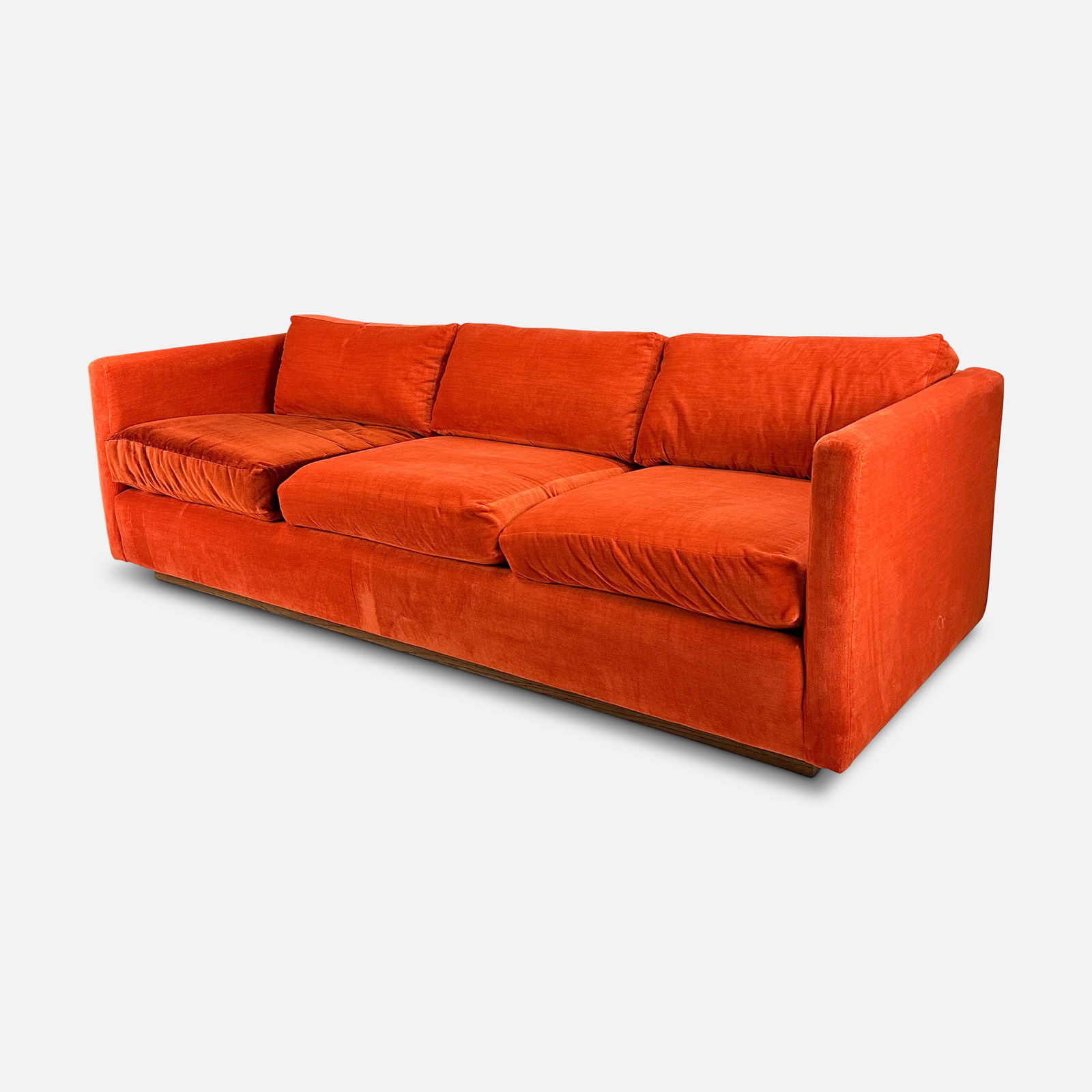 Richard Ehrlich Vintage 1970s MCM Orange Velvet Two-Seat Sofa Couch: Shown central scuff is not damage but from fabric leaning against furniture and just needs to be brushed in opposite direction. Some staining as shown especially to left-most cushion. We do not provid